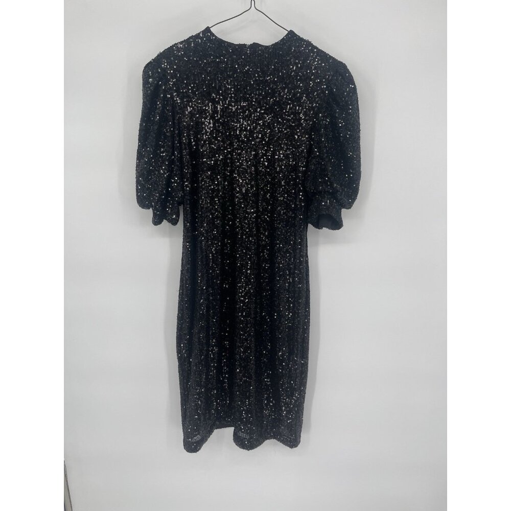 Joie‎ Womens Sequin Puff Sleeve Back Zip Sz Large Black Cocktail Evening Dress